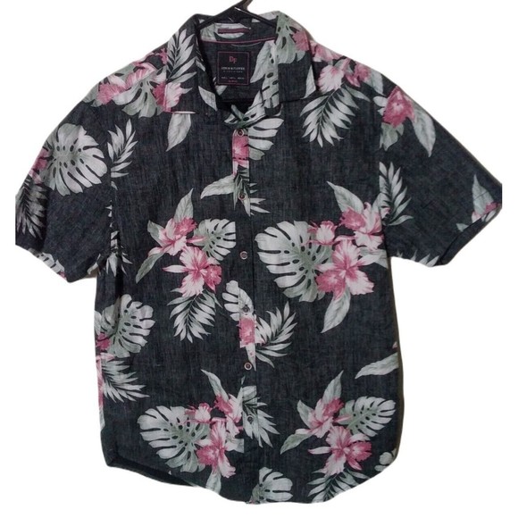 Denim & Flowers Hawaiian Shirt Dark Gray Pink Flowers Green Leaves Mens Large - Picture 1 of 12